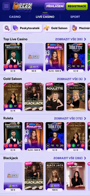 Živé casino se stoly Gold Saloon, ruletou a blackjackem na webu Spinbara